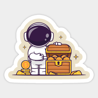 Cute Astronaut With Treasure Gold Coin Cartoon Sticker